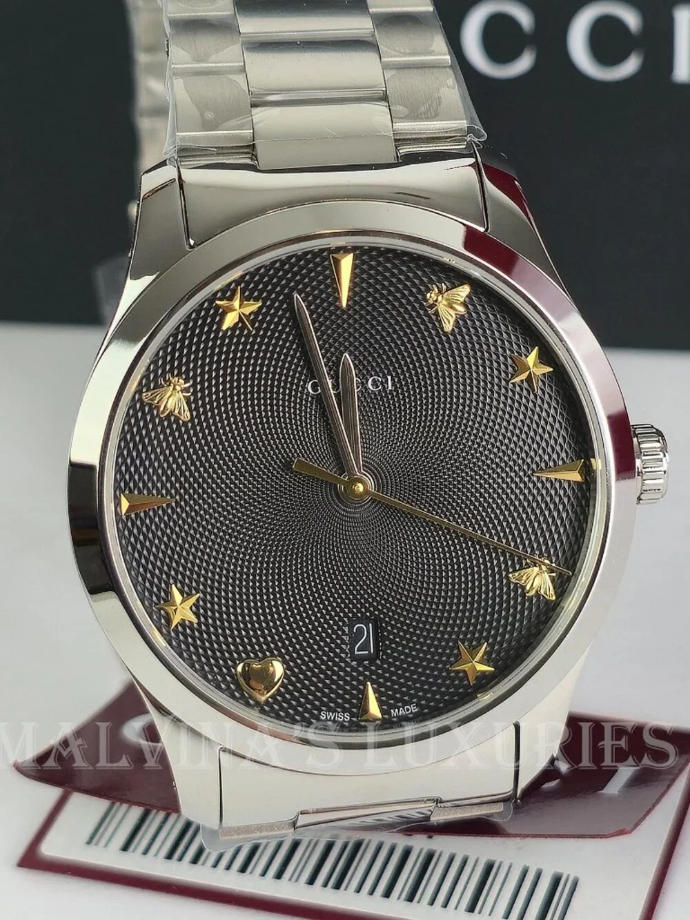 GUCCI WATCH YA1264029A STAINLESS STEEL BRACELET BLACK DIAL 38mm